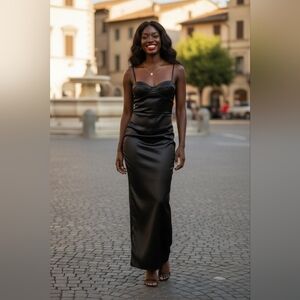 Elegant Barbie Style Satin Ruched Bustier Maxi Dress Wedding Guest Size M.